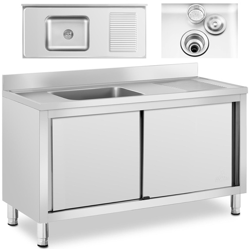 Food service pool sink single bowl with cabinet with sliding door left 140 x 60 x 94.5 cm