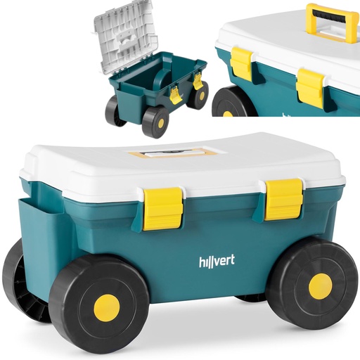 Seat box on wheels for garden work fruit collection with storage up to 80 kg