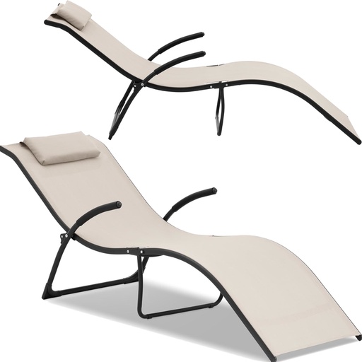 Garden folding beach lounger with headrest FALA up to 160 kg beige