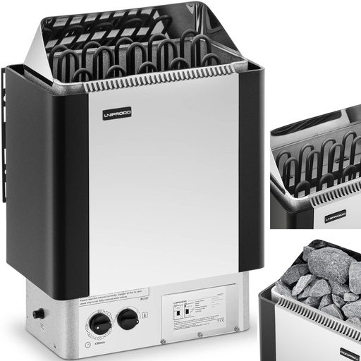 Elektrinė pirties krosnelė su integruotu valdymu 9-13 m3 iki 110C 400 V 9 kW sidabriškai juoda