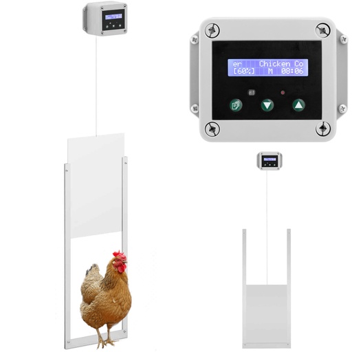 Automatic poultry house door flap with light sensor battery power 6 V LCD