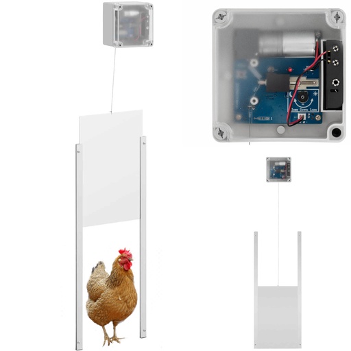 Automatic poultry house door flap with light sensor battery power supply