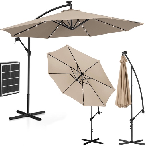 Garden umbrella on a boom round tilt with LED lighting 300 cm diameter cream.