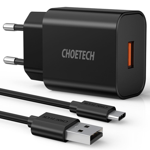 Greitasis įkroviklis "QuickCharge 3.0 18W 3A" + 1 m ilgio USB laidas, juodas