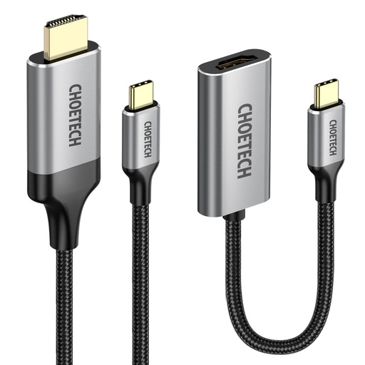 Adapteris HUB USB Type C - HDMI 2.0 + HDMI kabelis 2m pelēks