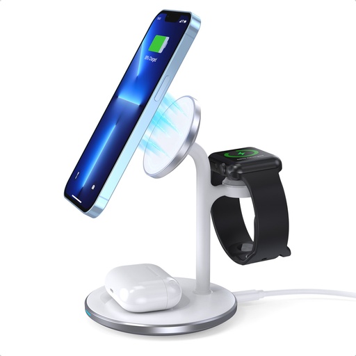 Bezvadu induktīvais lādētājs ar statīvu iPhone Apple Watch AirPods, balts