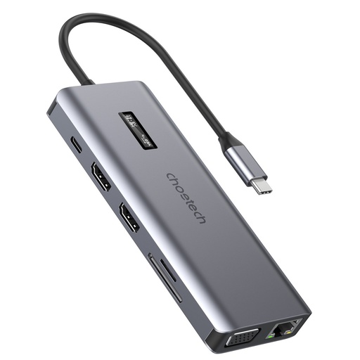 Daudzfunkcionāls adapteris HUB ar displeju USB-C USB-A VGA AUX SD TF 12in1 pelēks