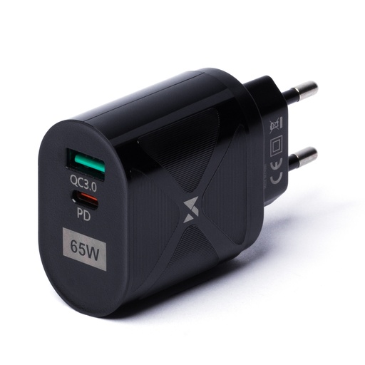 GaN 65W neliels lādētājs ar USB-C QC3.0 PD ātrās uzlādes pieslēgvietām melns