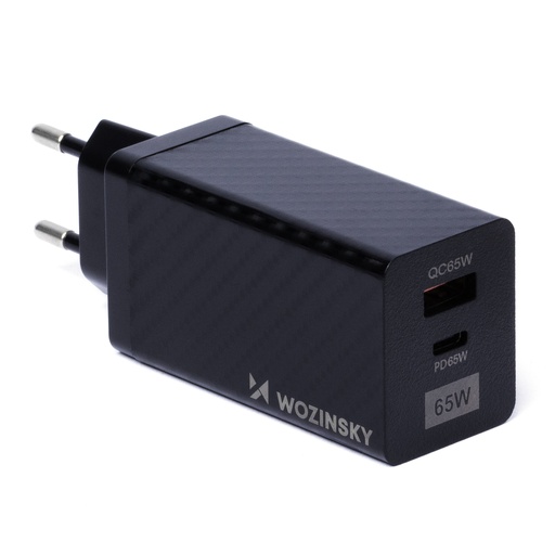 GaN 65W charger with USB-C QC 3.0 PD ports black