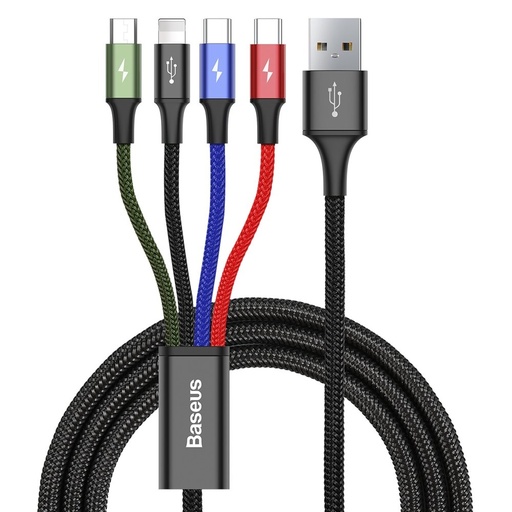 USB cable 4-in-1 Iphone Lightning 2 x USB-C microUSB cable in nylon braided 3.5A 1.2m black