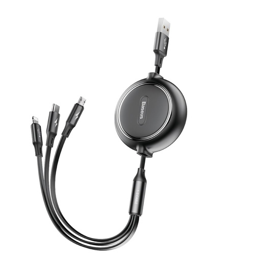 Expandable cable 3-in-1 USB microUSB Iphone Lightning USB-C 3.5A cable 35cm 120cm black