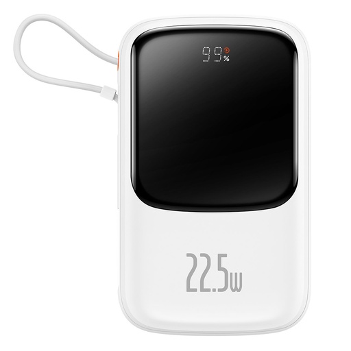 Qpow powerbank 10000mAh iebūvēts USB C tipa kabelis 22,5W Quick Charge balts