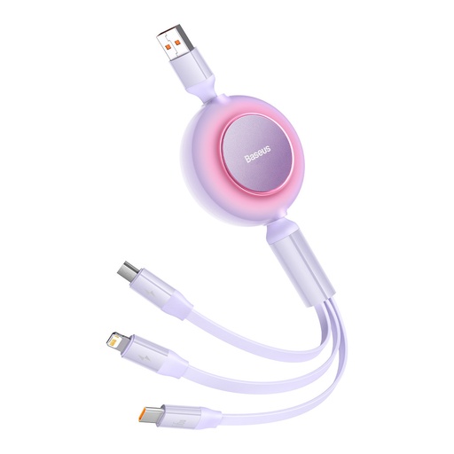 Retractable cable 3-in-1 USB microUSB + Iphone Lightning + USB-C 66W cable 1.1m purple