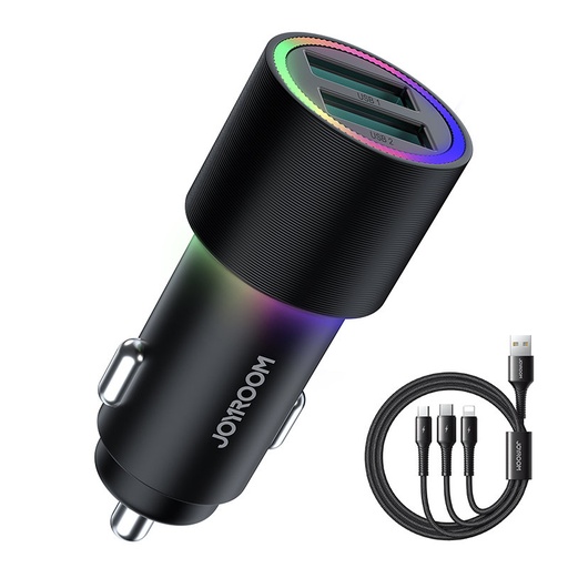Auto lādētājs 2x USB + 3in1 kabelis USB-C / micro USB / Lightning 1,2 m - melns