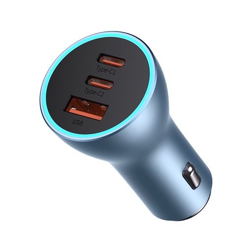 PRO USB-A + 2x USB-C 65W QC4.0 auto lādētājs - zils