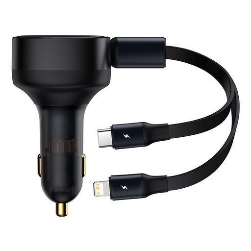 2-in-1 USB-C + iPhone Lightning auto lādētājs ar 75 cm 30 W ievelkamu kabeli - melns