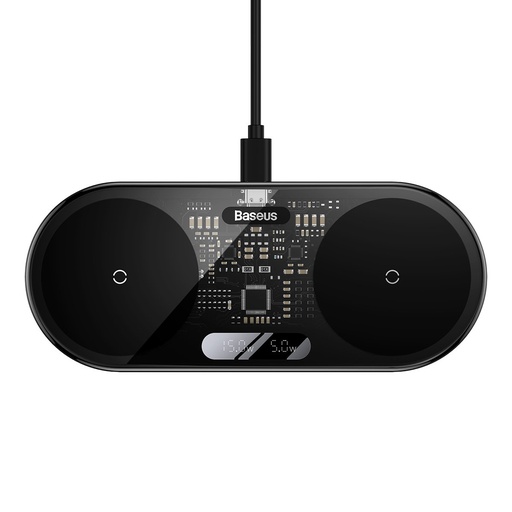 Dubultais QI bezvadu lādētājs ar displeju USB-C 20W - melns