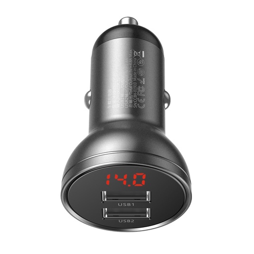 Auto lādētājs 2x USB 4.8A 24W ar LCD displeju pelēks