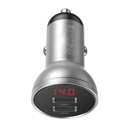 Auto lādētājs 2x USB 4.8A 24W ar LCD displeju sudraba krāsā