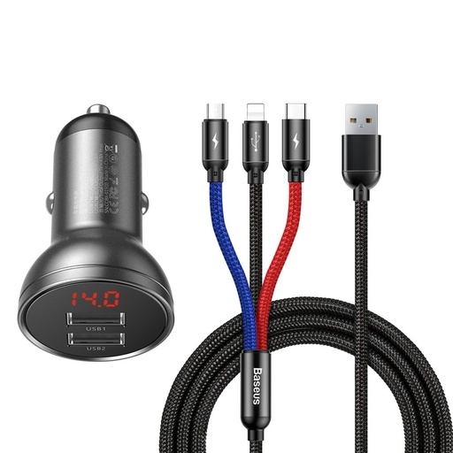 Auto lādētājs 2x USB 4.8A 24W ar LCD displeju + 3in1 kabelis 1,2m melns