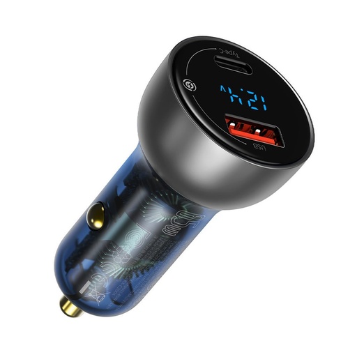 USB + USB-C auto lādētājs 65W Quick Charge LCD ekrāns caurspīdīgs