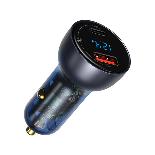 USB + USB-C auto lādētājs 65W Quick Charge LCD ekrāns pelēks