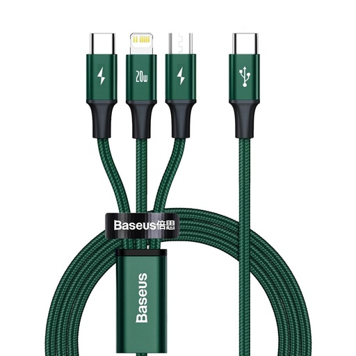 Rapid 3-in-1 USB-C - USB-C / Lightning / micro USB 20 W kabelis 1,5 m zaļš