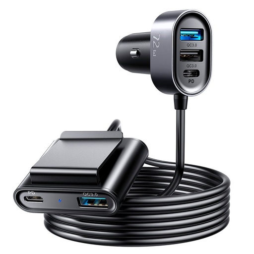 Auto lādētājs 5 ierīcēm 2xPD + 2xQC3.0 72W 1.5m melns
