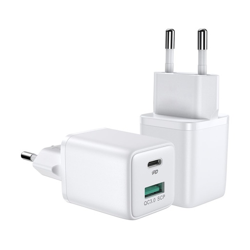 ES USB kontaktdakša USB-C 30W PD QC AFC FCP balts tīkla lādētājs