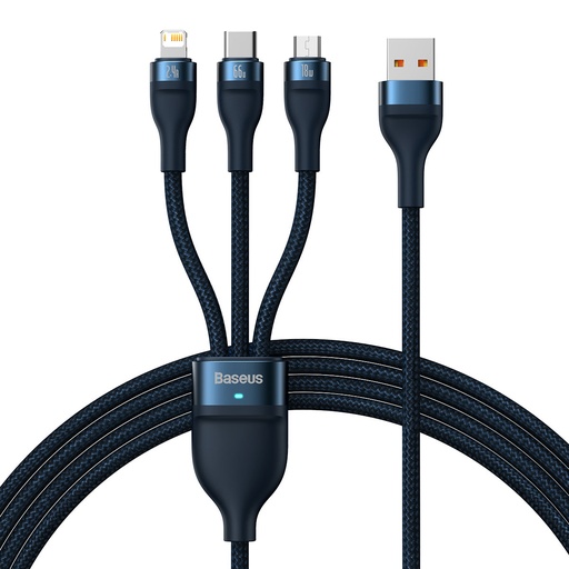 3in1 USB-A į USB-C microUSB Lightning greitojo įkrovimo kabelis 66W 480Mbps 1,2 m mėlynos spalvos