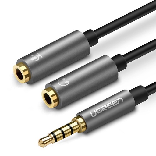 Austiņu sadalītājs 3.5mm mini jack AUX + stereo mikrofons 20cm sudraba krāsā