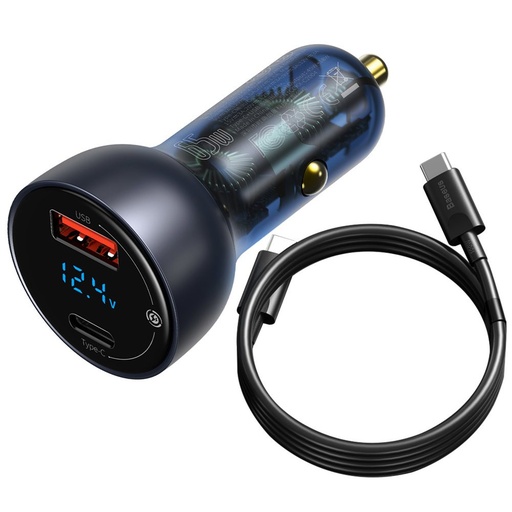USB automobilinis įkroviklis USB -C 65W 5A SCP QC PD LCD ekranas + USB-C kabelis pilkos spalvos