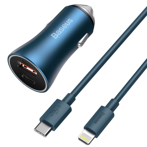 40W PD QC USB-C / USB ātrgaitas auto lādētājs + iPhone kabelis zils
