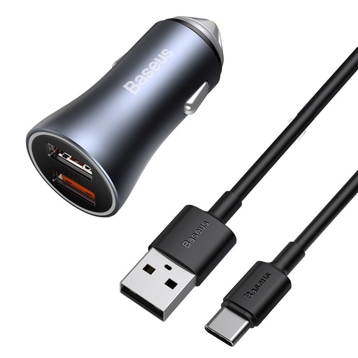 Greitasis automobilinis įkroviklis 2x USB 40W QC SCP FCP AFC + USB-C kabelis pilkos spalvos