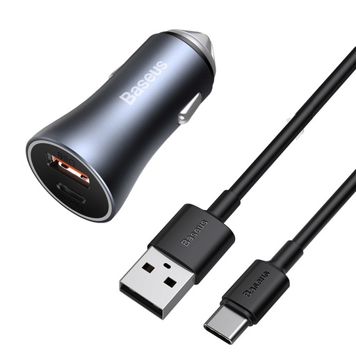 40W PD QC USB-C / USB ātrgaitas auto lādētājs + USB-C kabelis pelēks