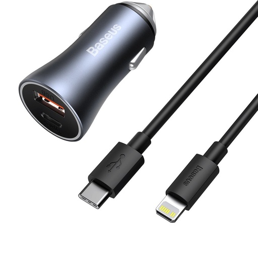 USB-C USB 40W PD PD QC SCP FCP AFC ātrais auto lādētājs + USB-C - Lightning pelēks kabelis