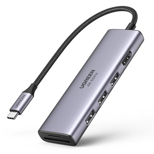6in1 USB-C daudzfunkcionālais HUB - 3x USB HDMI 4K SD un TF karšu lasītājs, pelēks
