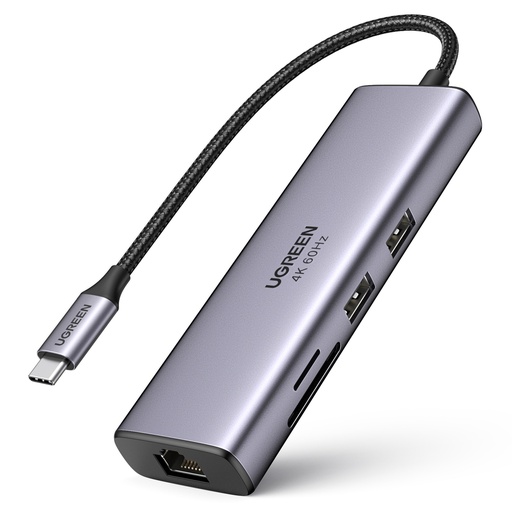 7in1 USB-C daudzfunkcionāls HUB - 2x USB HDMI 4K SD un TF karšu lasītājs USB-C RJ45 1Gbps pelēks
