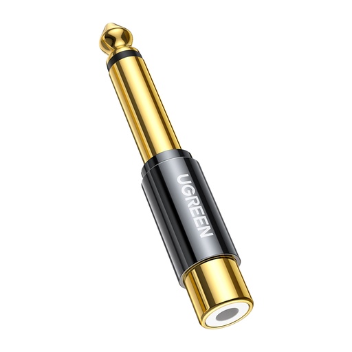 Adapterio kištukas iš 6,35 mm lizdo vyriškos pusės į RCA moterišką aukso spalvos