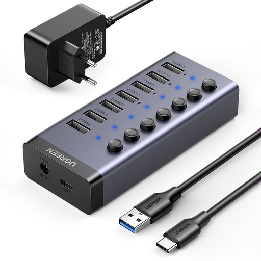 7in1 daudzfunkcionāls HUB sadalītājs USB-C - 7x USB 3.0 PD DC 12V pelēks