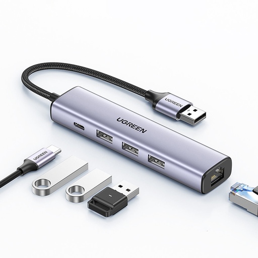 Daudzfunkcionāls HUB adaptera sadalītājs USB 3.0 - 3x USB Ethernet RJ-45 USB-C PD pelēks
