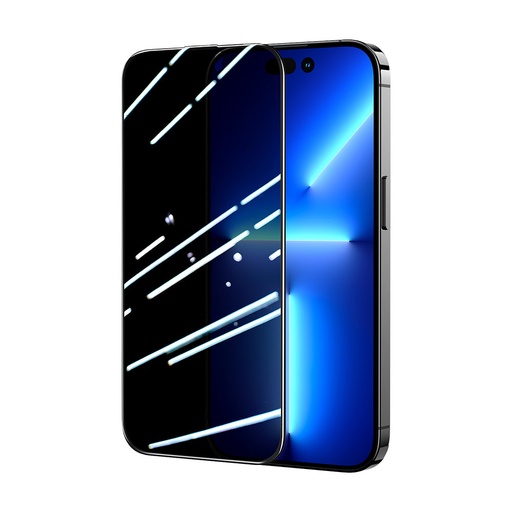 Grūdintas stiklas "iPhone 14 Plus" su "Anti-Spy" filtru visam ekranui su skaidriu rėmeliu