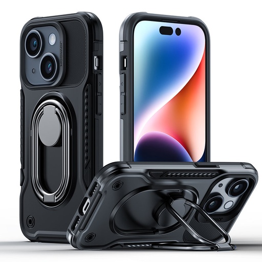Korpuss iPhone 14 bruņu apvalks ar statīva gredzena turētāju melns