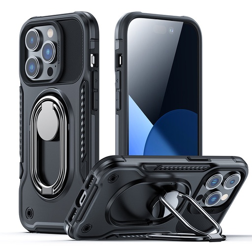 "iPhone 14 Pro" šarvuotas dėklas su stovo žiedo laikikliu juodas