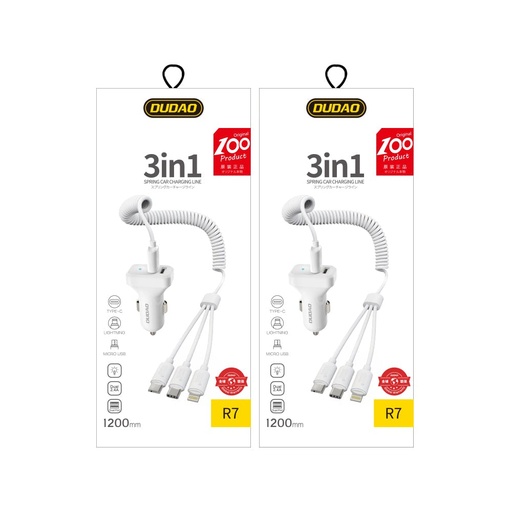 "3-in-1" automobilinis telefono įkrovimo rinkinys + laidas, baltas