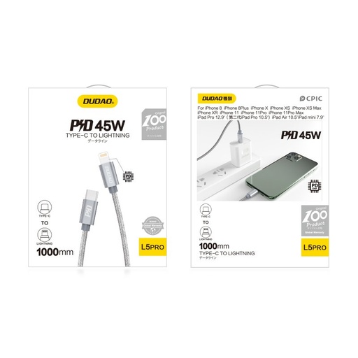 Patvarus kabelis iPhone USB-C - Lightning Power Delivery 45W 1 m pilkos spalvos