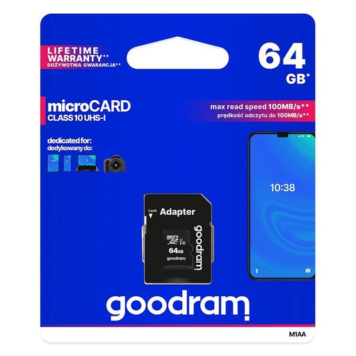 Mikrokarte 64GB micro SD XC UHS-I 10 klases + SD adapteris
