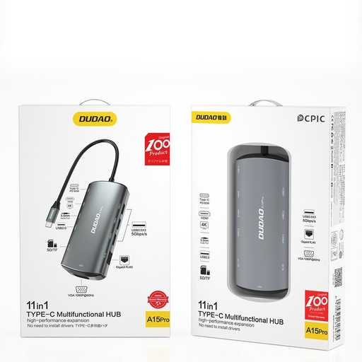 11v1 adapteris HUB USB-C HDMI 3,5 mm mini ligzda USB karšu lasītājs micro SD VGA RJ45 pelēks