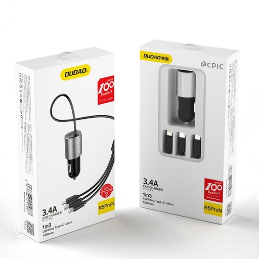 3v1 USB auto lādētājs + iebūvēts Lightning USB-C mikro USB kabelis melns