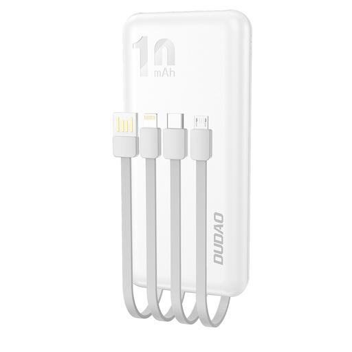 Powerbank K6Pro 10000mAh universāla ar USB-C microUSB Lightning kabeli, balts